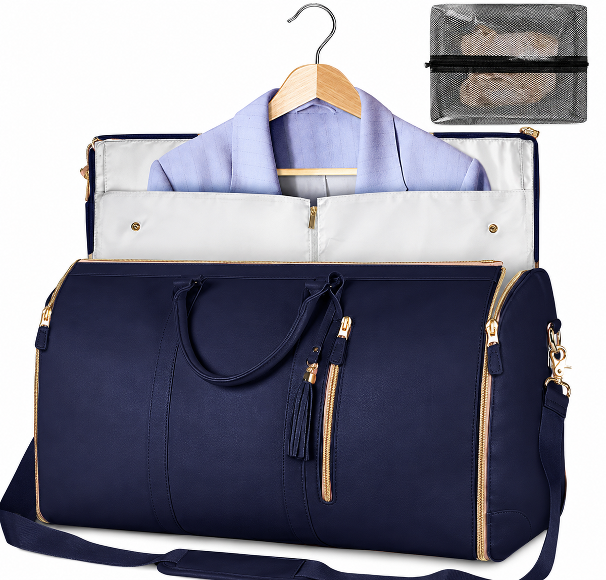 Navy foldable duffle bag with front zipper, gold trim, and shoulder strap.
