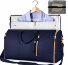 Navy foldable duffle bag with front zipper, gold trim, and shoulder strap.