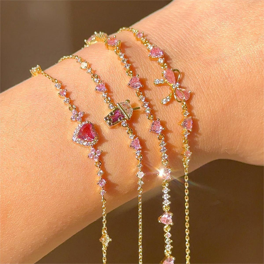Y2K Bow Heart Rhinestone Chain Bracelet