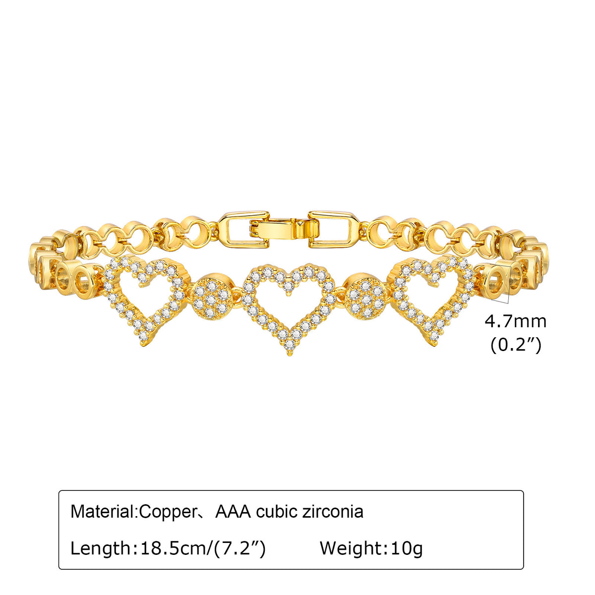 Gold-tone cubic zirconia bracelet with dangling heart charms and bar clasp
