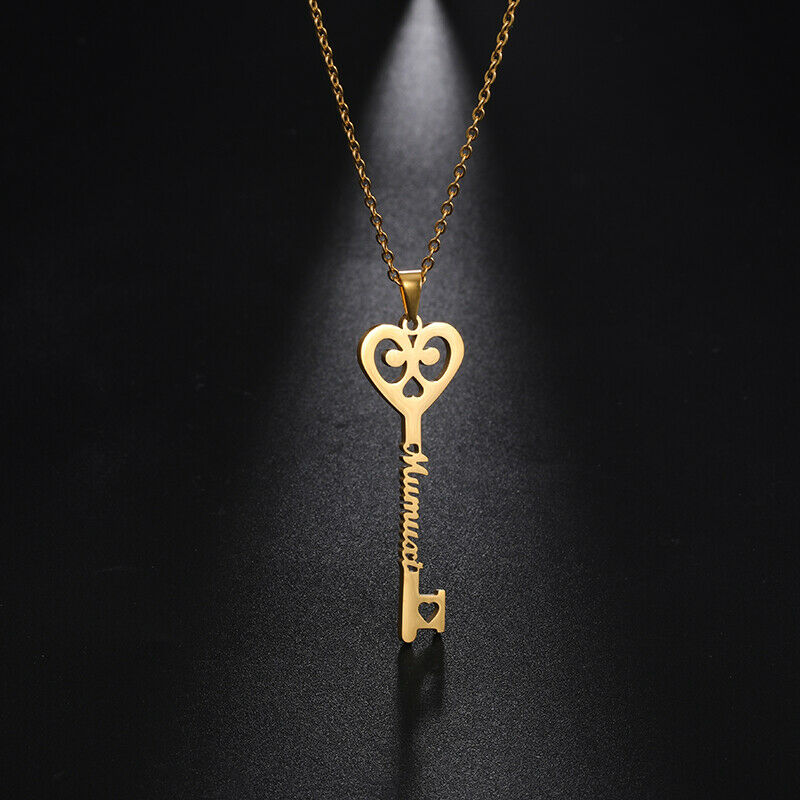 Custom Key Shaped Name Necklace Women's Stainless Steel Vertical Pendant Jewelry Couple Necklace - Rose Gold - detail close-up