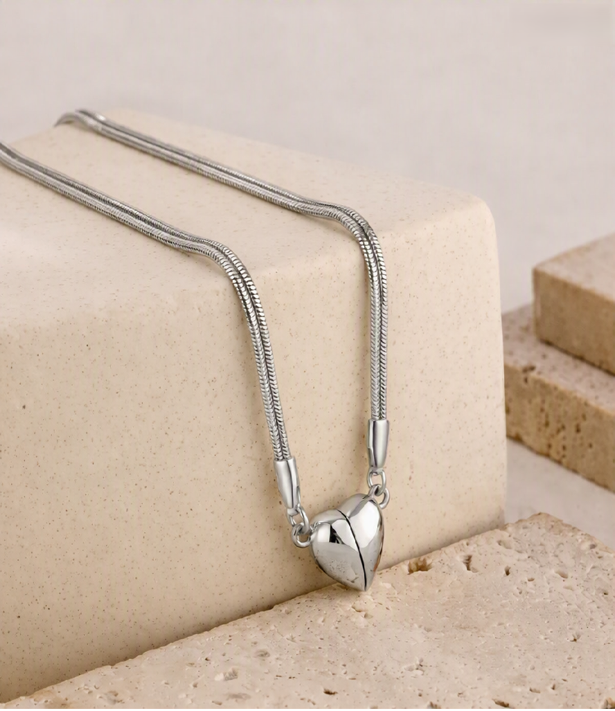 Magnetic heart necklace set with silver cords and heart-shaped magnetic pendants